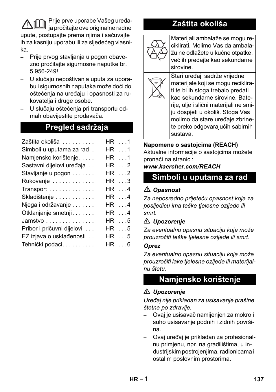 Hrvatski, Pregled sadržaja, Zaštita okoliša | Simboli u uputama za rad namjensko korištenje | Karcher NT 40-1 Tact Te User Manual | Page 137 / 188