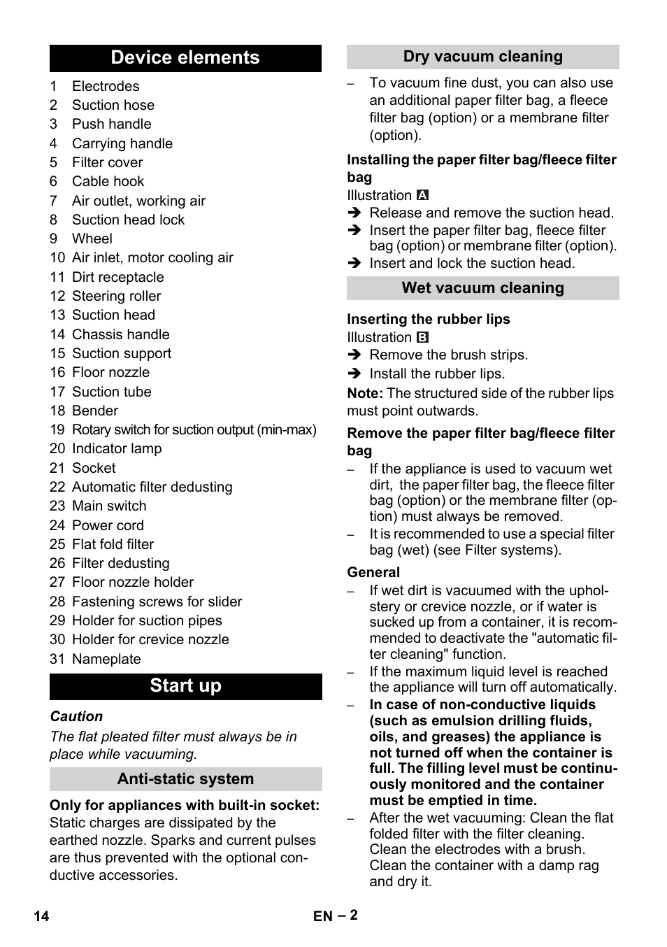 Device elements start up | Karcher NT 40-1 Tact Te User Manual | Page 14 / 188