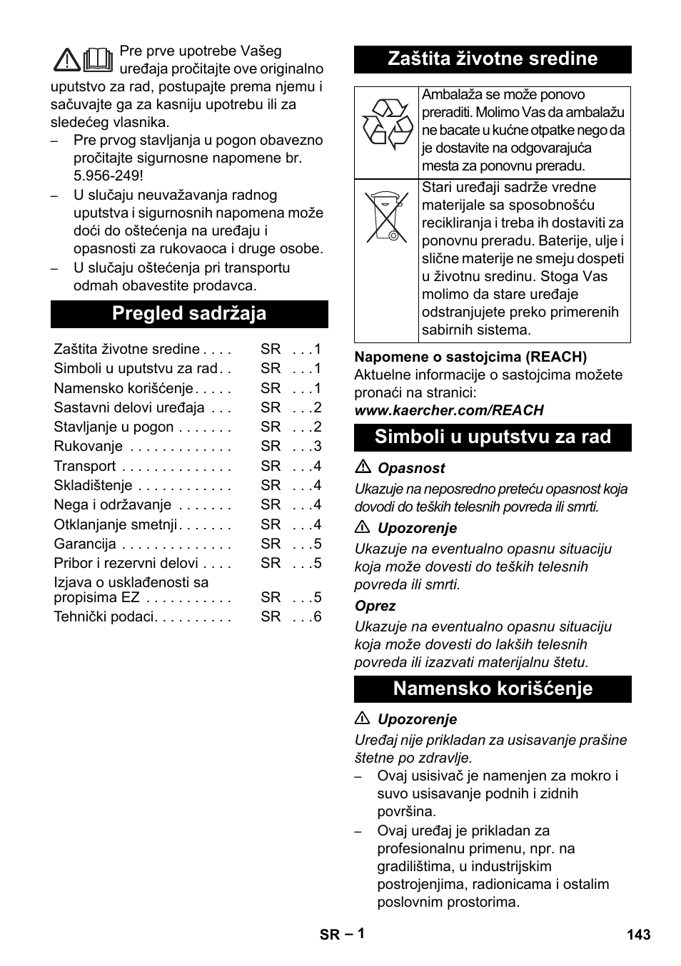 Srpski, Pregled sadržaja, Zaštita životne sredine | Simboli u uputstvu za rad namensko korišćenje | Karcher NT 40-1 Tact Te User Manual | Page 143 / 188