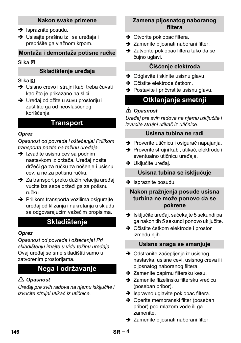 Transport skladištenje nega i održavanje, Otklanjanje smetnji | Karcher NT 40-1 Tact Te User Manual | Page 146 / 188