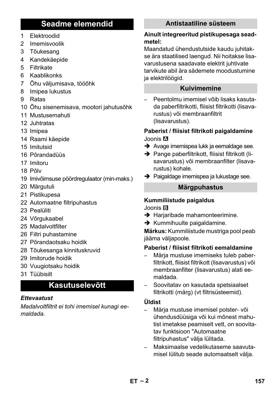 Seadme elemendid kasutuselevõtt | Karcher NT 40-1 Tact Te User Manual | Page 157 / 188