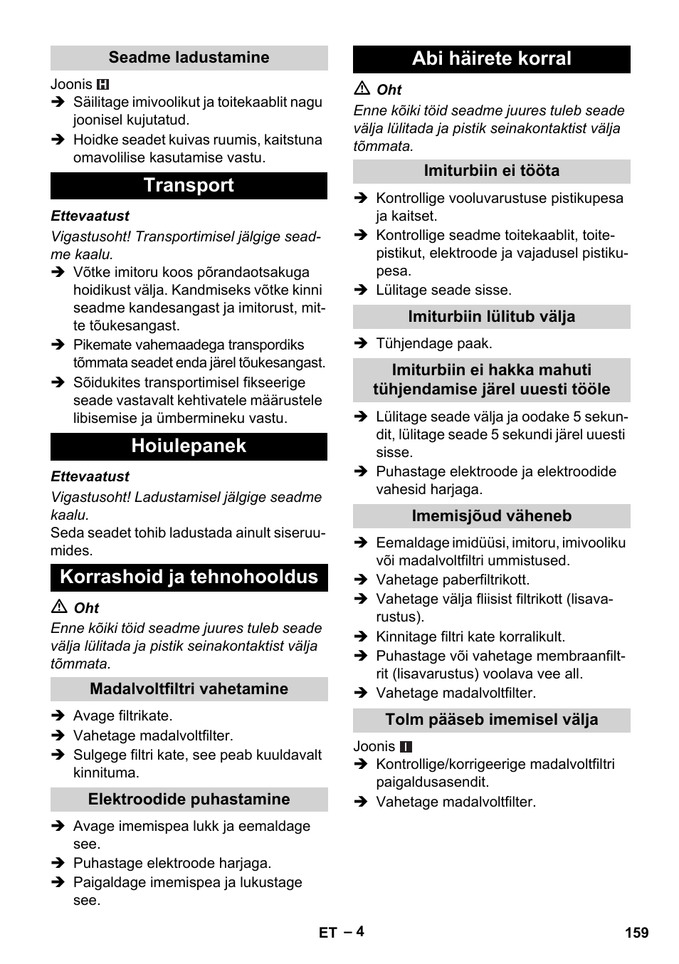 Transport hoiulepanek korrashoid ja tehnohooldus, Abi häirete korral | Karcher NT 40-1 Tact Te User Manual | Page 159 / 188