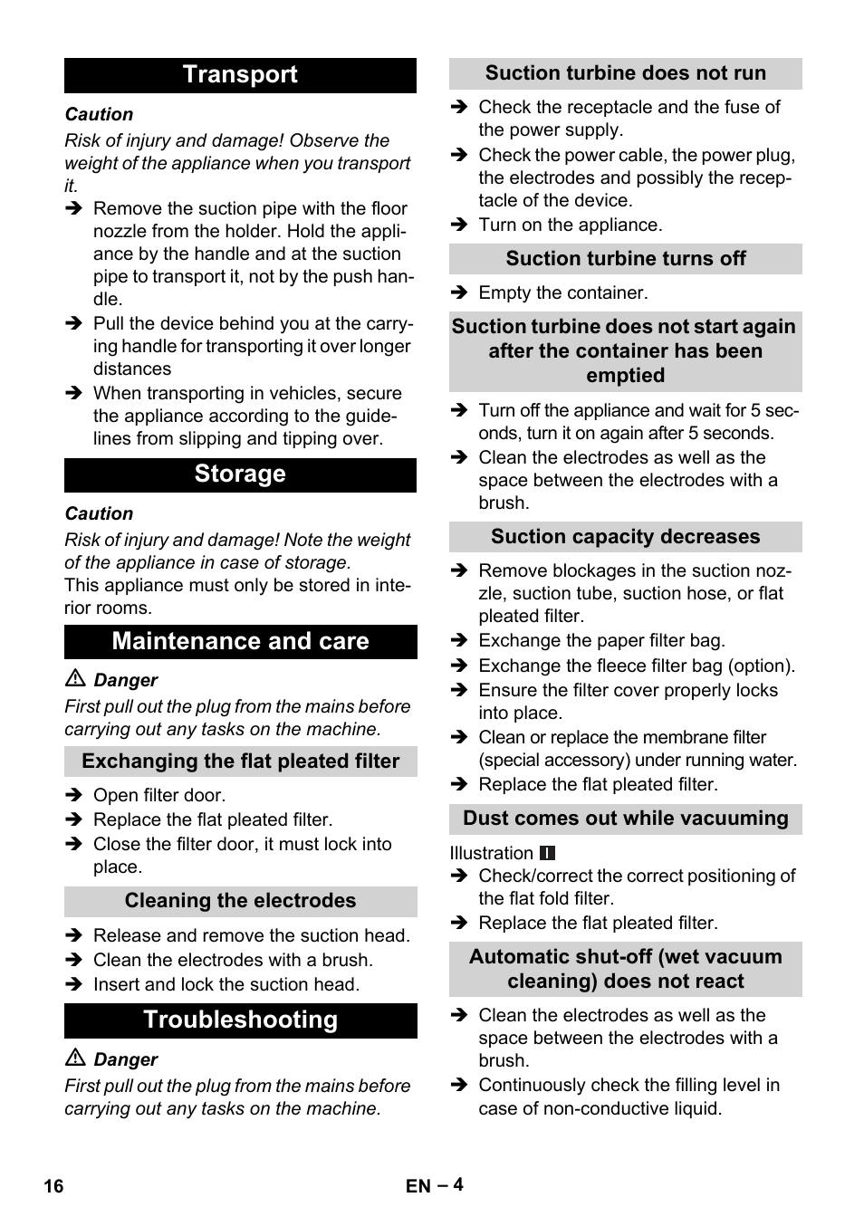 Transport storage maintenance and care, Troubleshooting | Karcher NT 40-1 Tact Te User Manual | Page 16 / 188