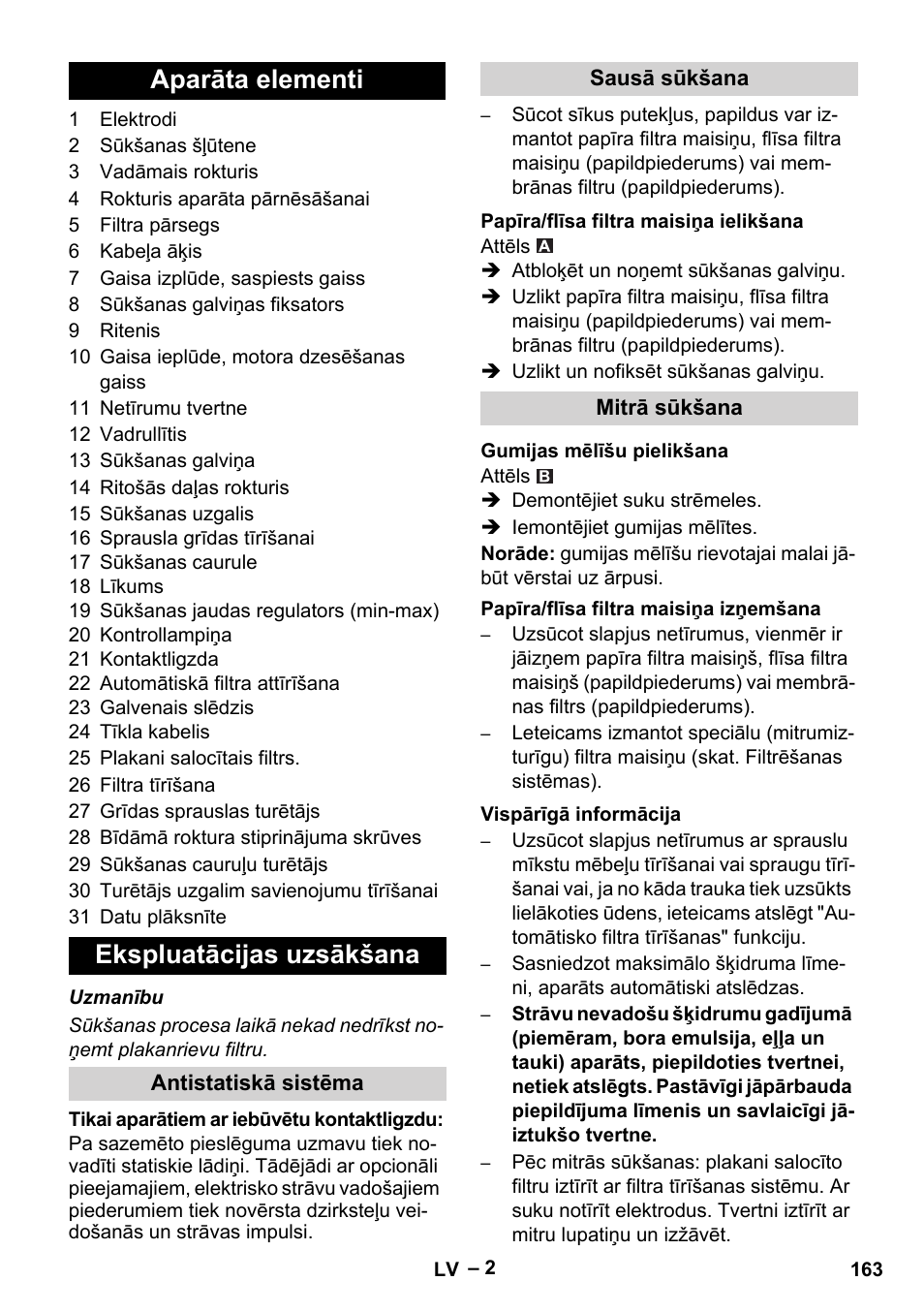 Aparāta elementi ekspluatācijas uzsākšana | Karcher NT 40-1 Tact Te User Manual | Page 163 / 188