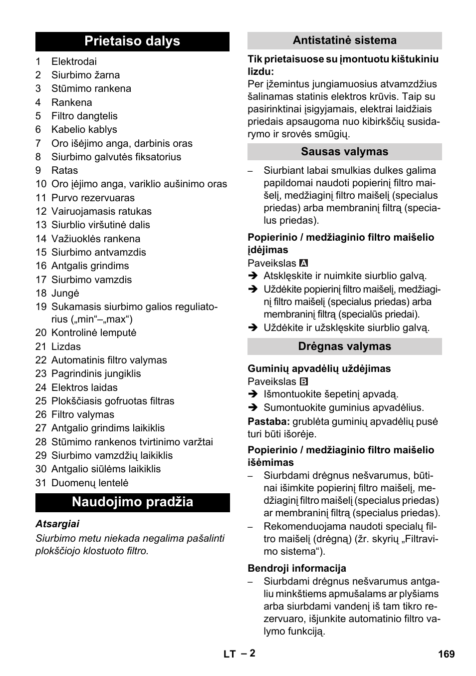 Prietaiso dalys naudojimo pradžia | Karcher NT 40-1 Tact Te User Manual | Page 169 / 188