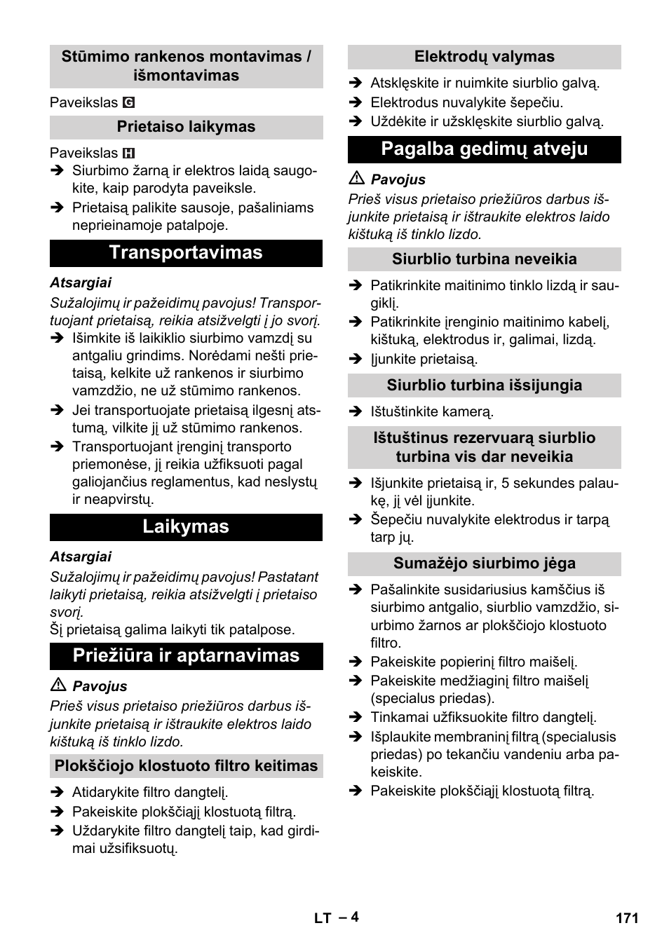 Transportavimas laikymas priežiūra ir aptarnavimas, Pagalba gedimų atveju | Karcher NT 40-1 Tact Te User Manual | Page 171 / 188