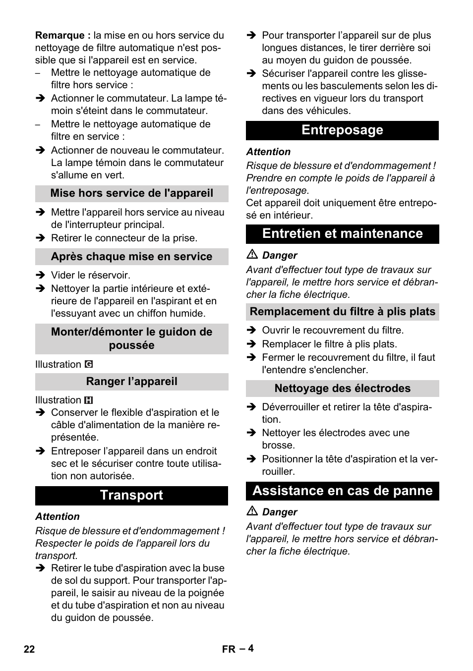 Transport entreposage entretien et maintenance, Assistance en cas de panne | Karcher NT 40-1 Tact Te User Manual | Page 22 / 188