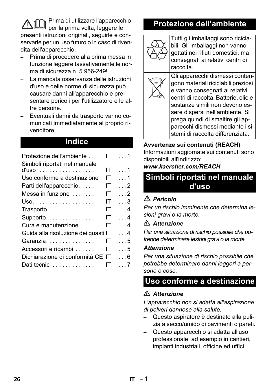 Italiano, Indice, Protezione dell’ambiente | Karcher NT 40-1 Tact Te User Manual | Page 26 / 188