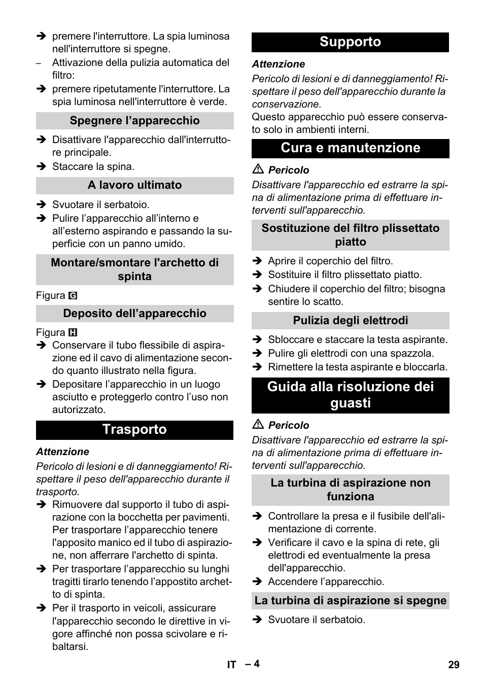 Trasporto supporto cura e manutenzione, Guida alla risoluzione dei guasti | Karcher NT 40-1 Tact Te User Manual | Page 29 / 188