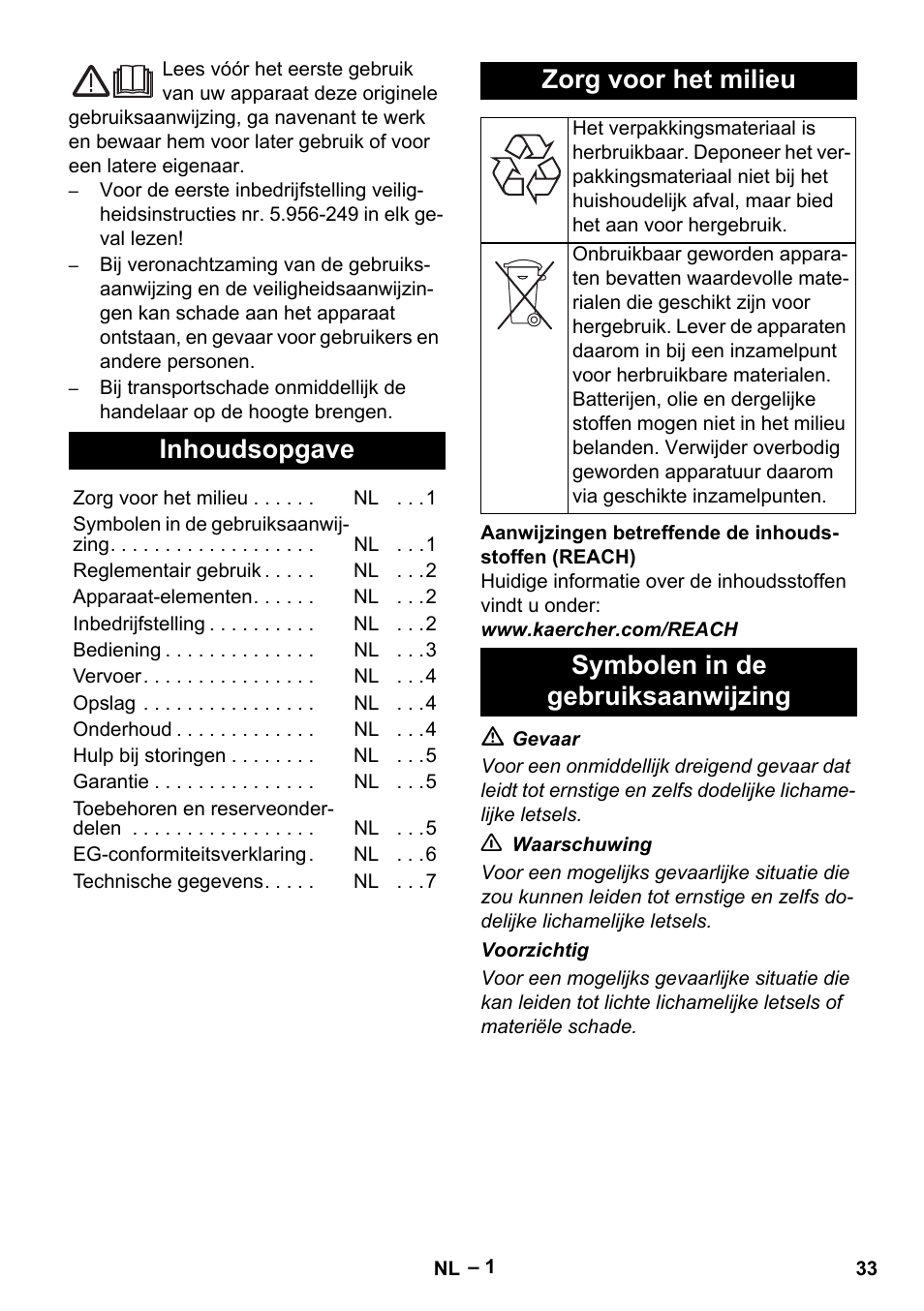 Nederlands, Inhoudsopgave, Zorg voor het milieu | Symbolen in de gebruiksaanwijzing | Karcher NT 40-1 Tact Te User Manual | Page 33 / 188