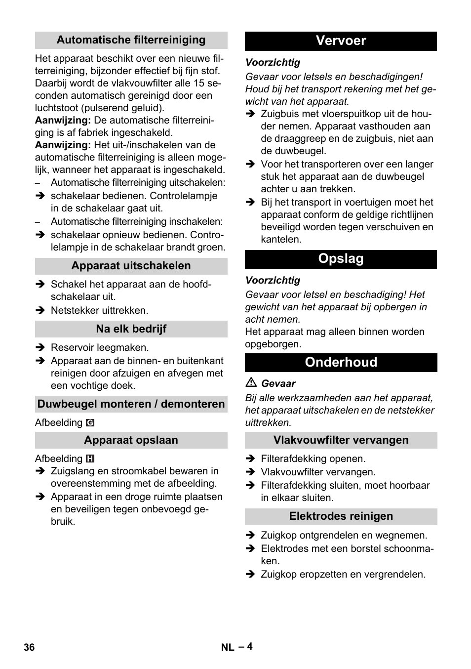 Vervoer opslag onderhoud | Karcher NT 40-1 Tact Te User Manual | Page 36 / 188