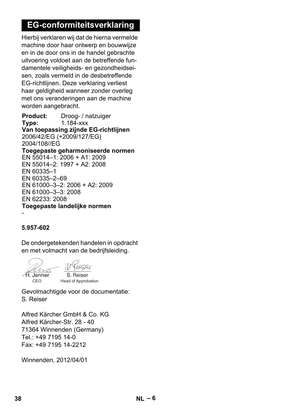 Eg-conformiteitsverklaring | Karcher NT 40-1 Tact Te User Manual | Page 38 / 188