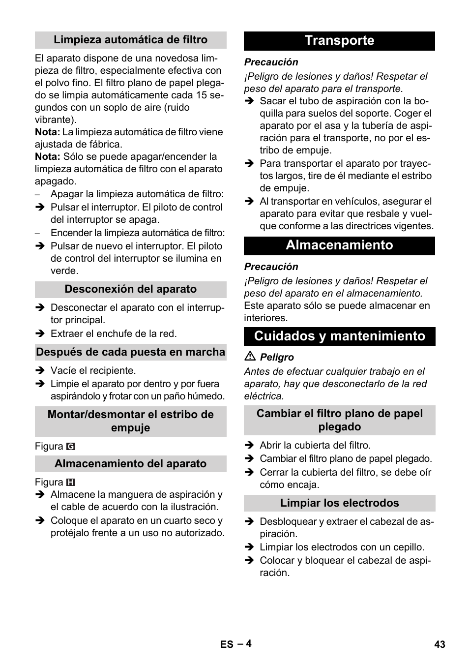 Transporte almacenamiento cuidados y mantenimiento | Karcher NT 40-1 Tact Te User Manual | Page 43 / 188