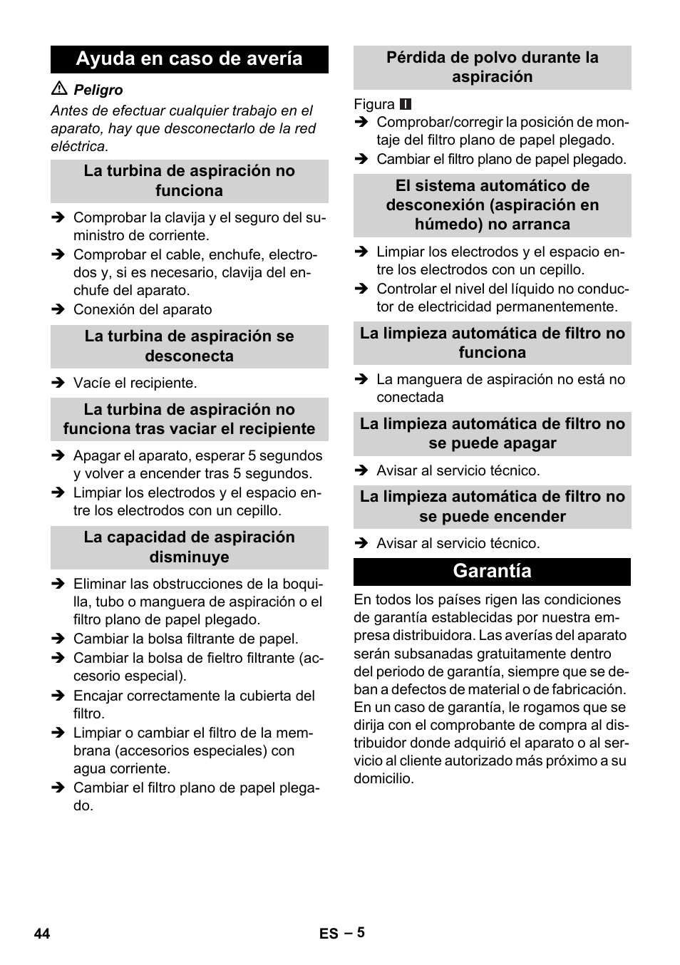 Ayuda en caso de avería, Garantía | Karcher NT 40-1 Tact Te User Manual | Page 44 / 188