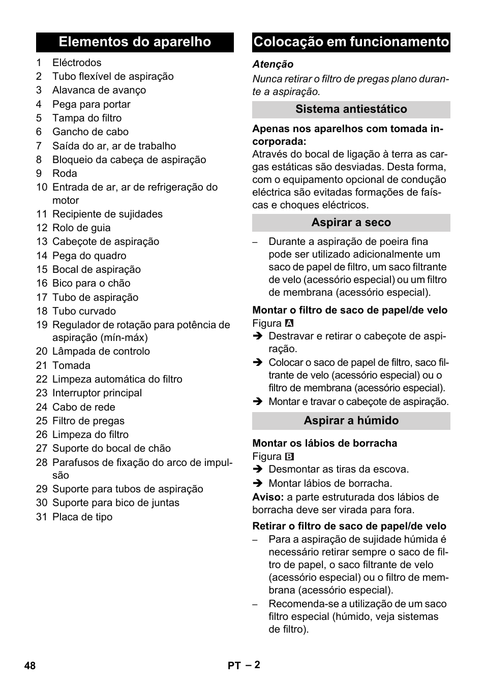 Elementos do aparelho colocação em funcionamento | Karcher NT 40-1 Tact Te User Manual | Page 48 / 188