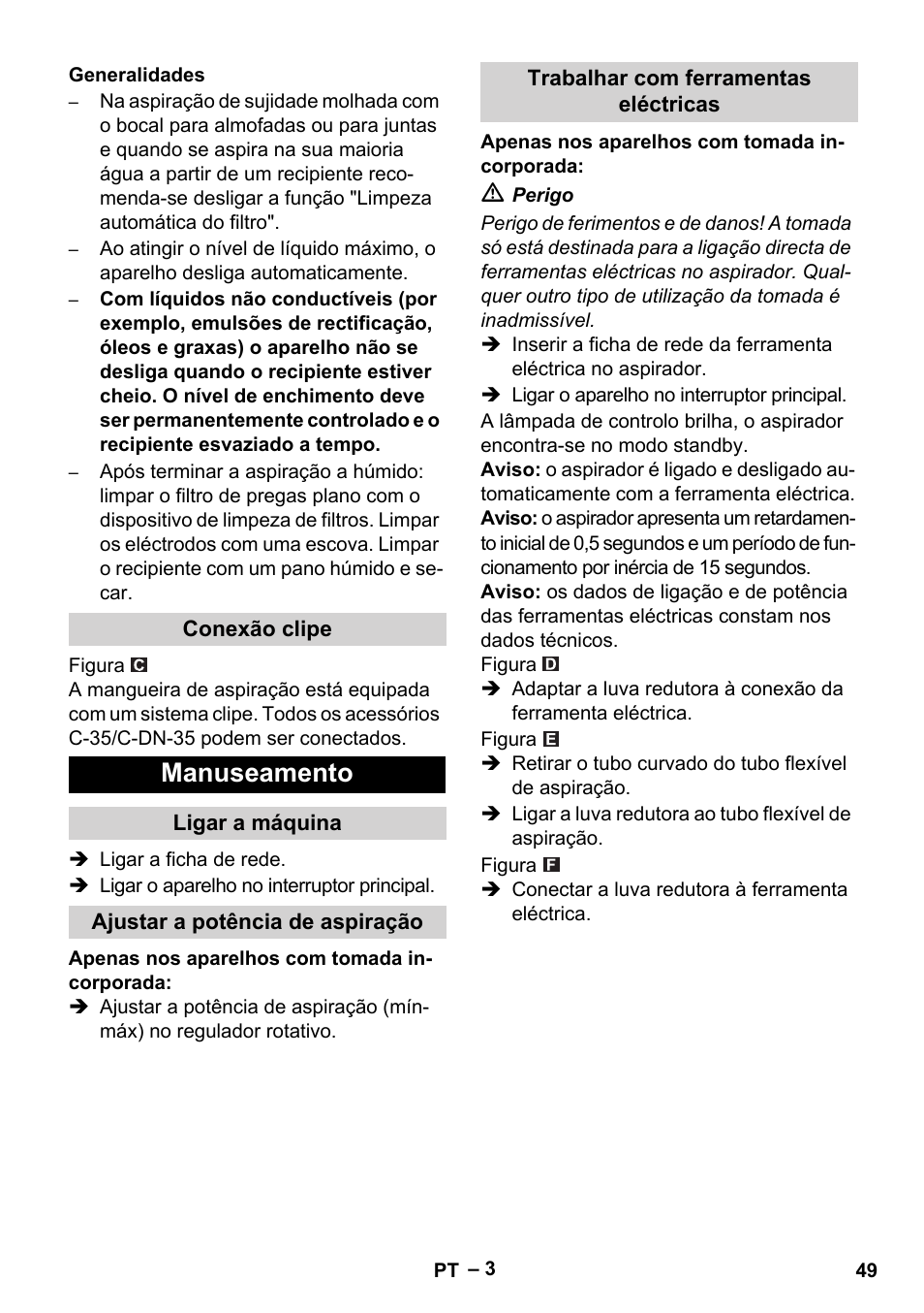 Manuseamento | Karcher NT 40-1 Tact Te User Manual | Page 49 / 188