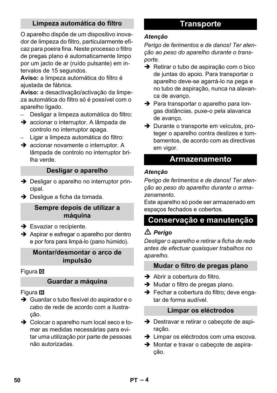 Transporte armazenamento conservação e manutenção | Karcher NT 40-1 Tact Te User Manual | Page 50 / 188