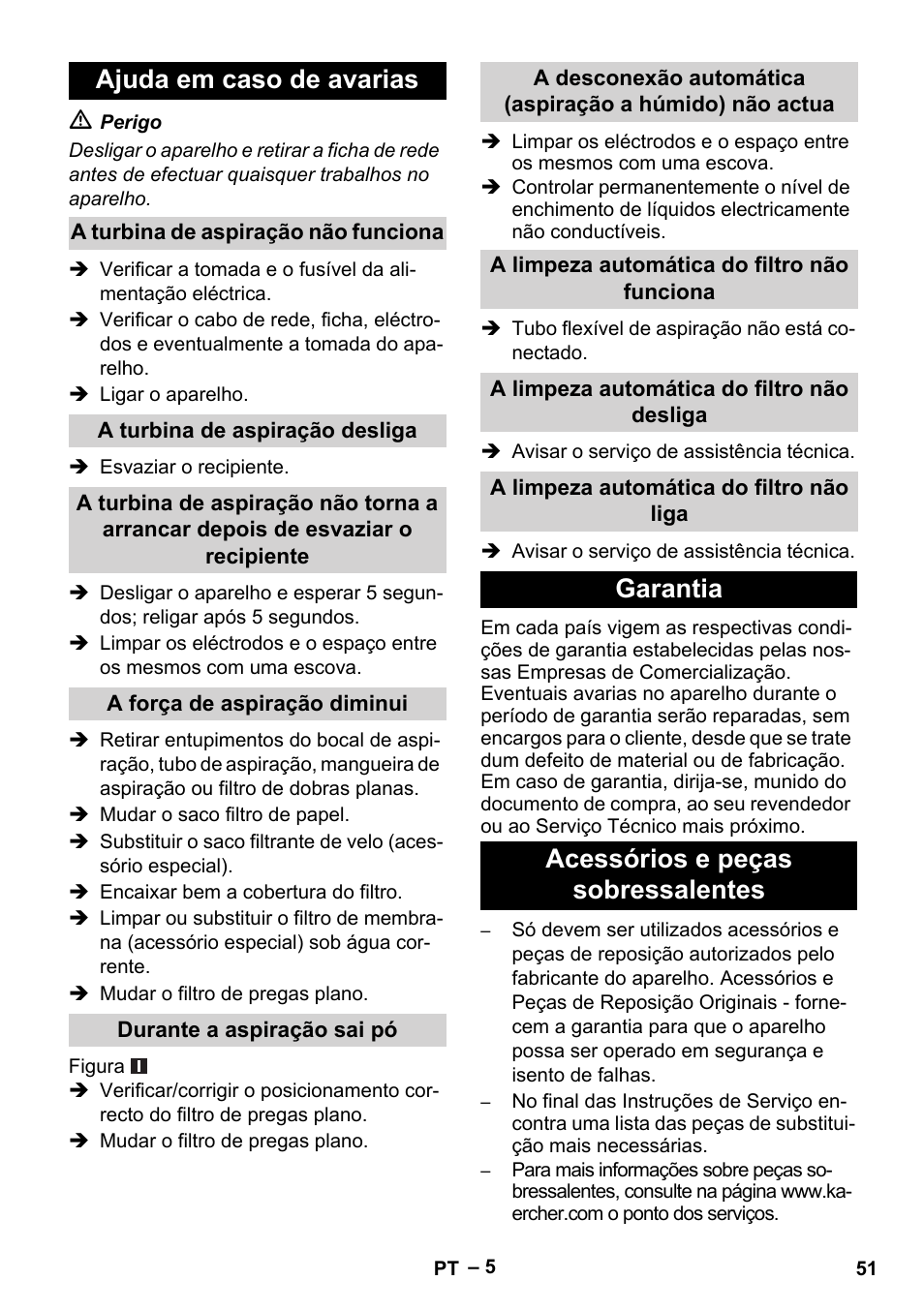 Ajuda em caso de avarias, Garantia acessórios e peças sobressalentes | Karcher NT 40-1 Tact Te User Manual | Page 51 / 188