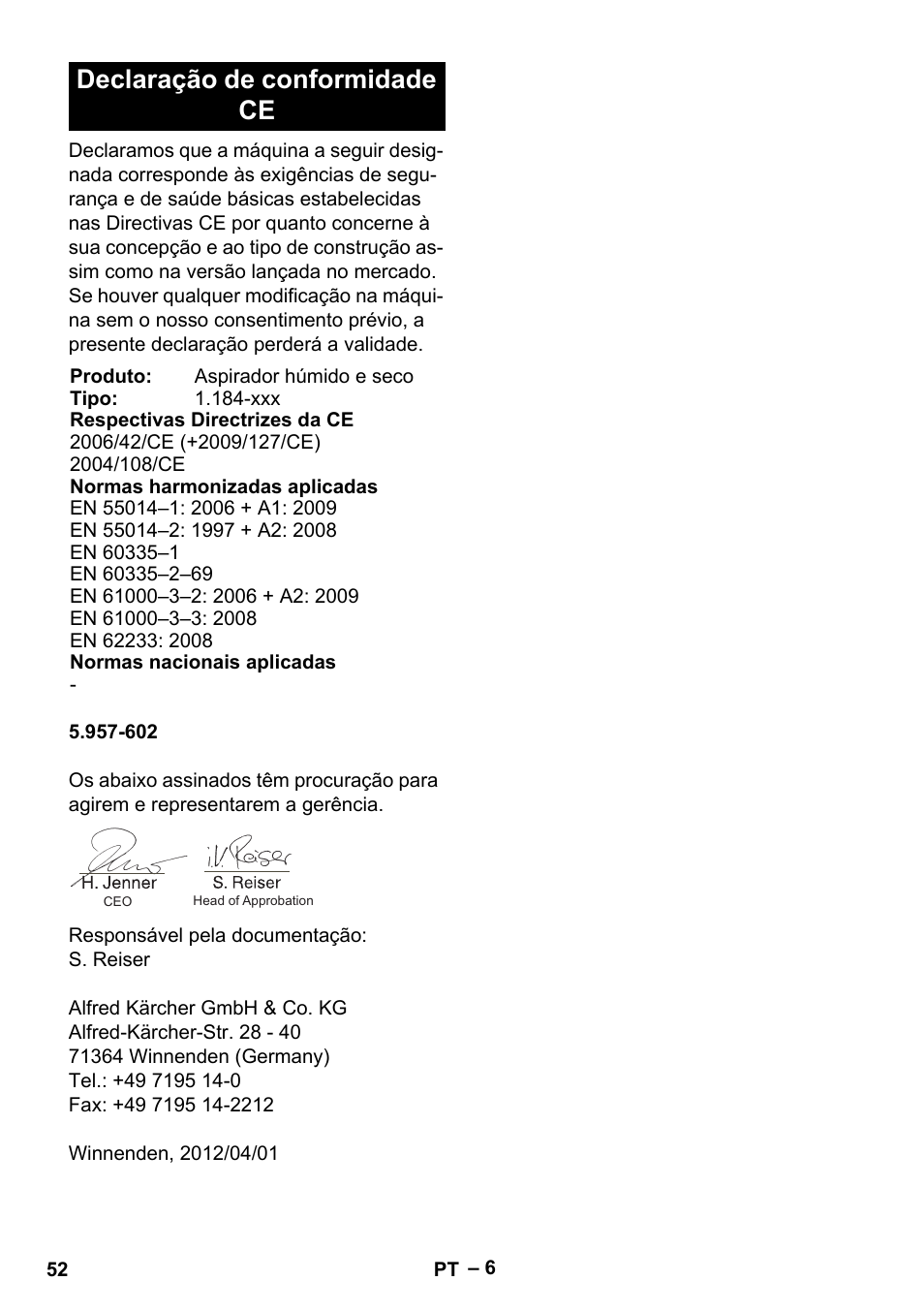 Declaração de conformidade ce | Karcher NT 40-1 Tact Te User Manual | Page 52 / 188