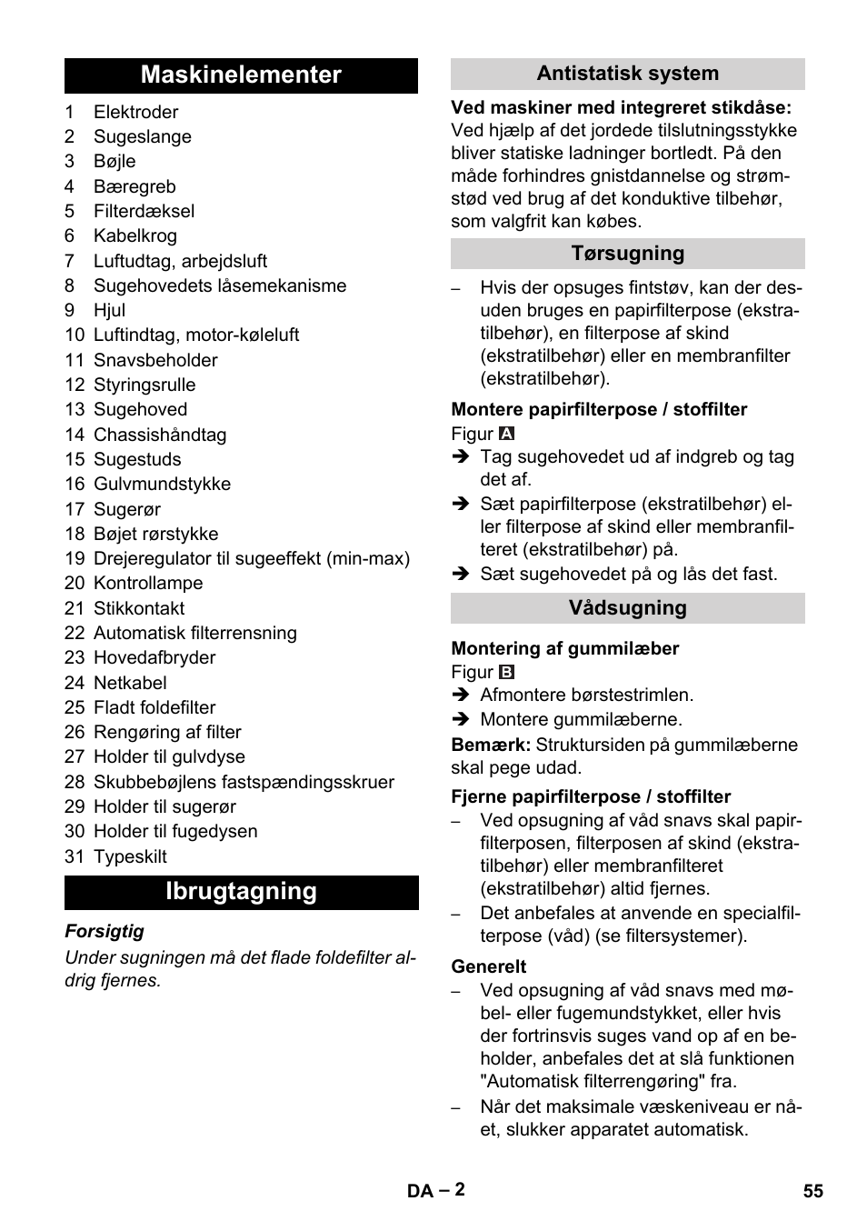 Maskinelementer ibrugtagning | Karcher NT 40-1 Tact Te User Manual | Page 55 / 188
