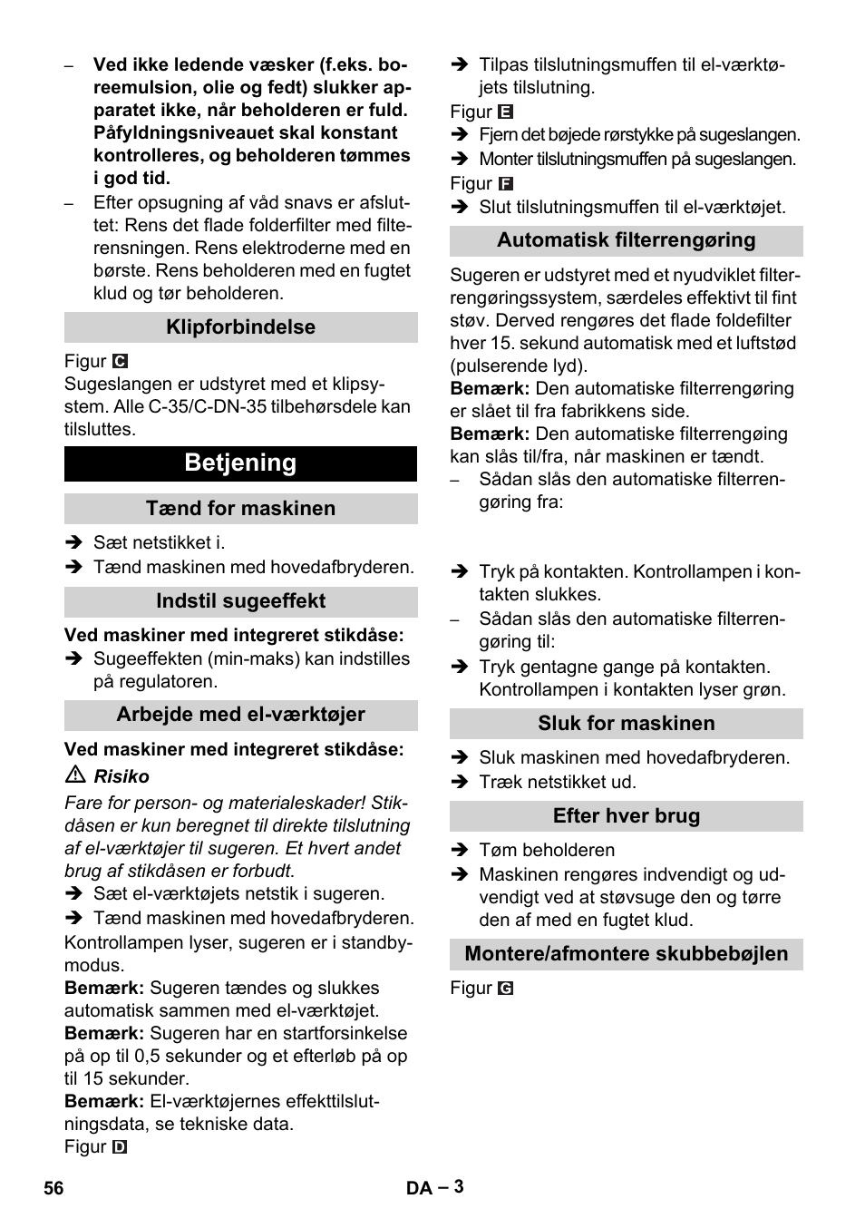 Betjening | Karcher NT 40-1 Tact Te User Manual | Page 56 / 188