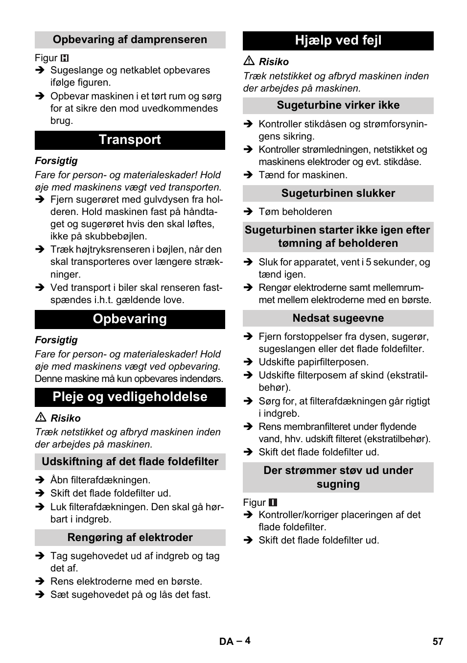 Transport opbevaring pleje og vedligeholdelse, Hjælp ved fejl | Karcher NT 40-1 Tact Te User Manual | Page 57 / 188
