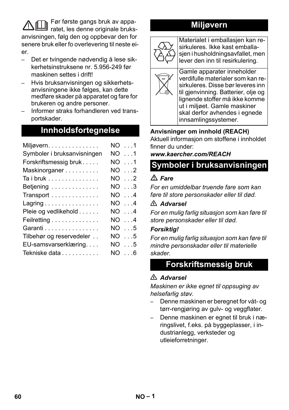 Norsk, Innholdsfortegnelse, Miljøvern | Symboler i bruksanvisningen forskriftsmessig bruk | Karcher NT 40-1 Tact Te User Manual | Page 60 / 188