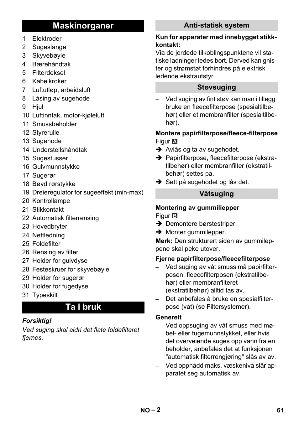 Maskinorganer ta i bruk | Karcher NT 40-1 Tact Te User Manual | Page 61 / 188