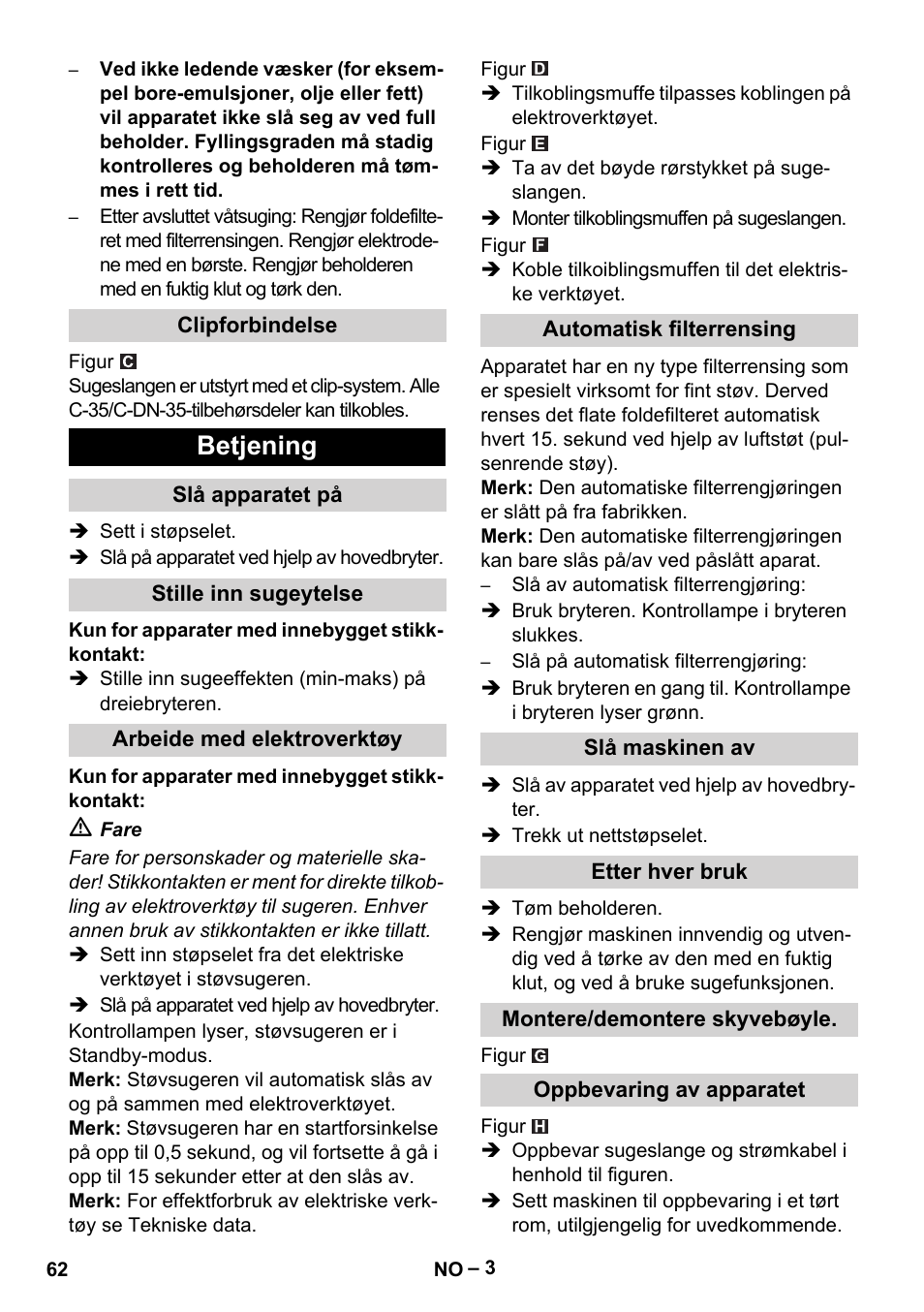 Betjening | Karcher NT 40-1 Tact Te User Manual | Page 62 / 188