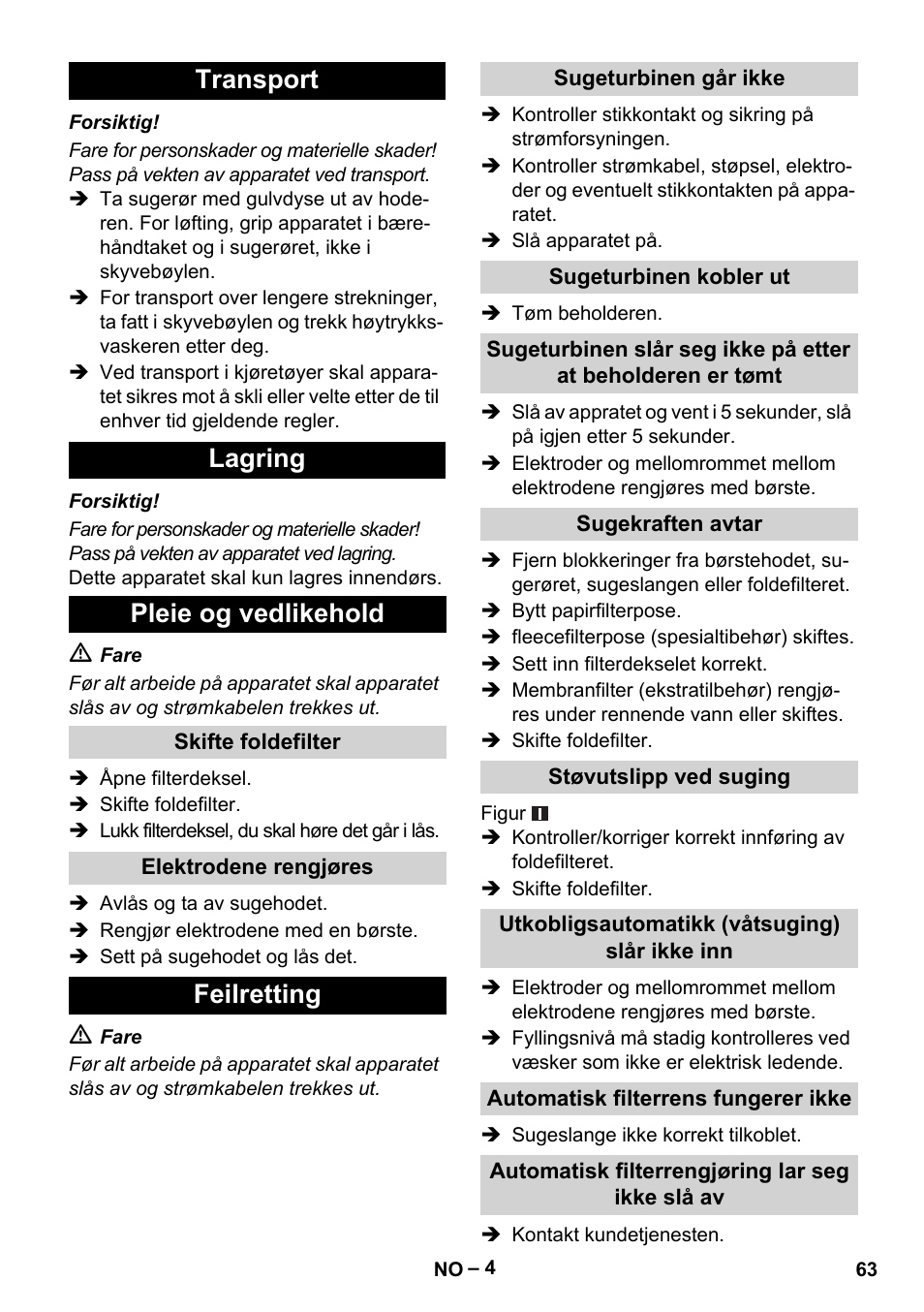 Transport lagring pleie og vedlikehold, Feilretting | Karcher NT 40-1 Tact Te User Manual | Page 63 / 188