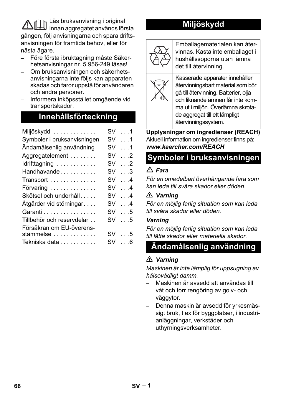 Svenska, Innehållsförteckning, Miljöskydd | Karcher NT 40-1 Tact Te User Manual | Page 66 / 188