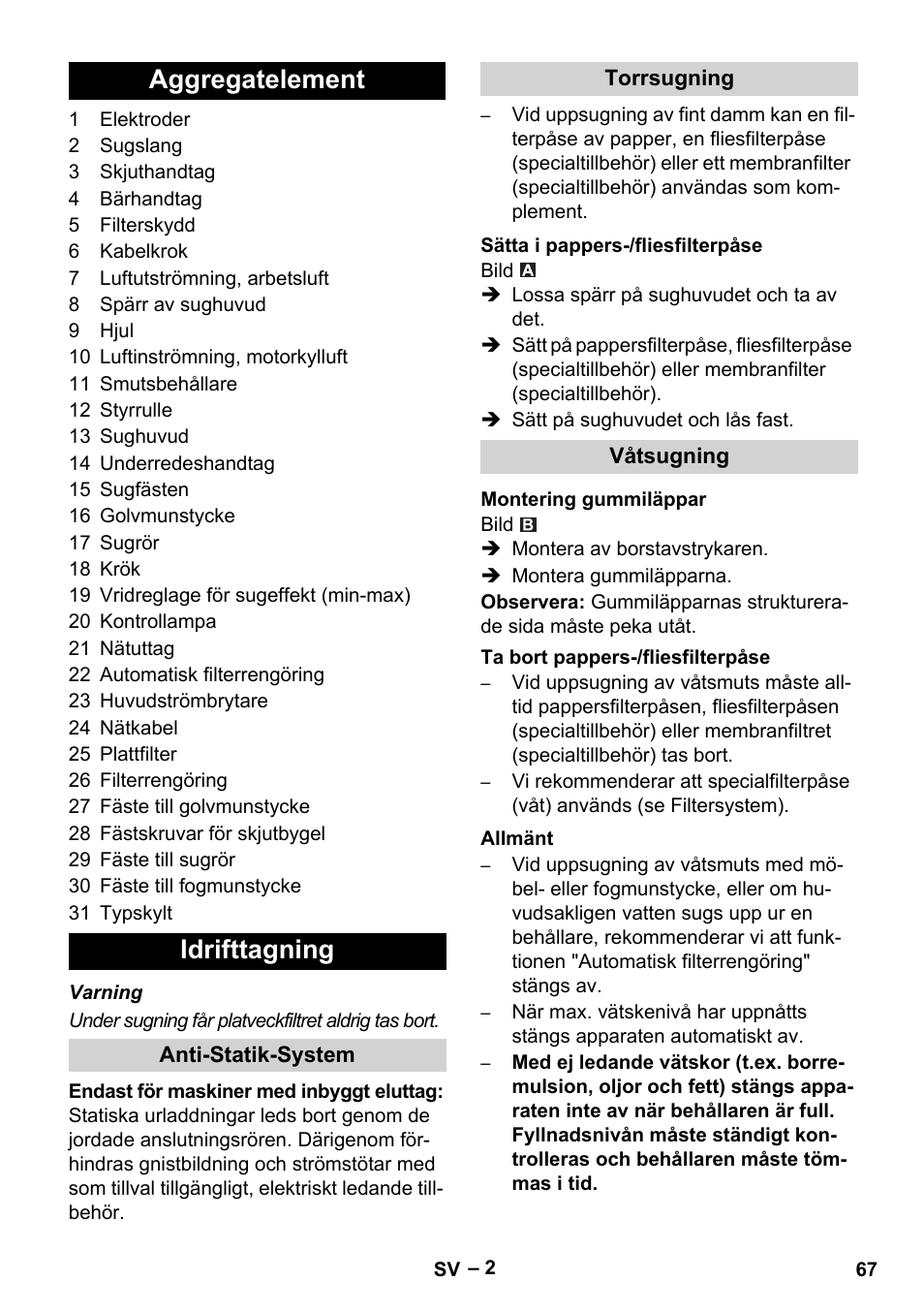 Aggregatelement idrifttagning | Karcher NT 40-1 Tact Te User Manual | Page 67 / 188