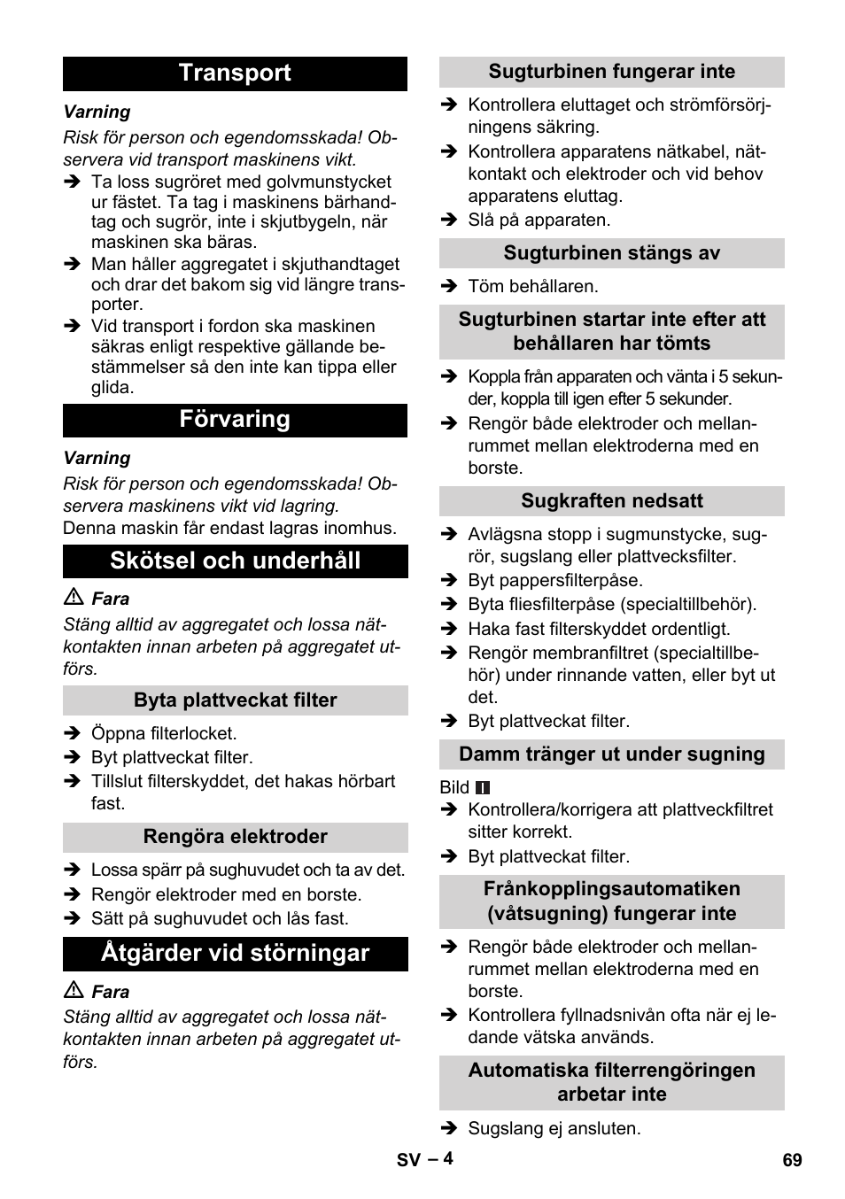 Transport förvaring skötsel och underhåll, Åtgärder vid störningar | Karcher NT 40-1 Tact Te User Manual | Page 69 / 188