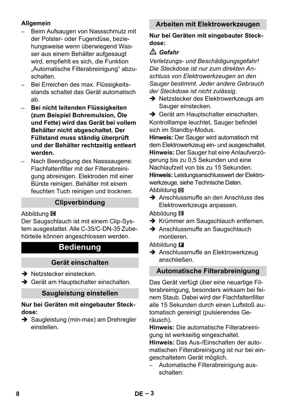 Bedienung | Karcher NT 40-1 Tact Te User Manual | Page 8 / 188