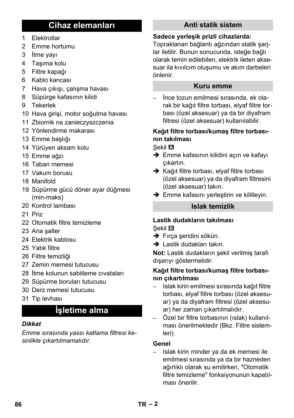 Cihaz elemanları işletime alma | Karcher NT 40-1 Tact Te User Manual | Page 86 / 188