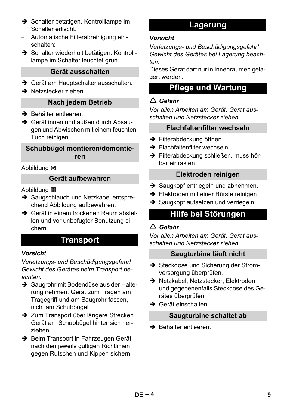 Transport lagerung pflege und wartung, Hilfe bei störungen | Karcher NT 40-1 Tact Te User Manual | Page 9 / 188