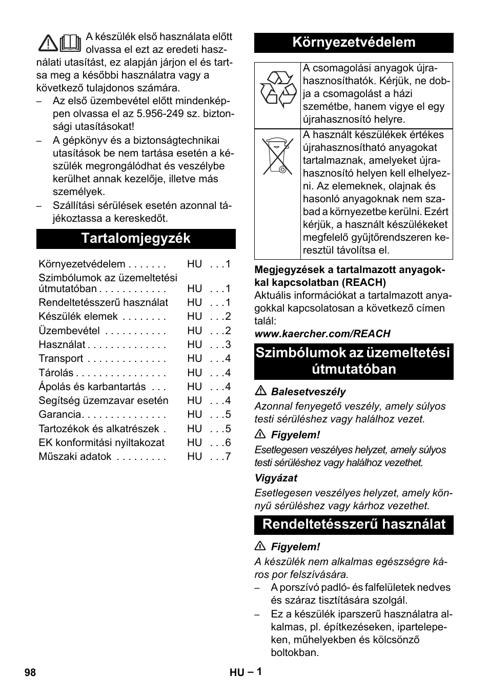 Magyar, Tartalomjegyzék, Környezetvédelem | Karcher NT 40-1 Tact Te User Manual | Page 98 / 188