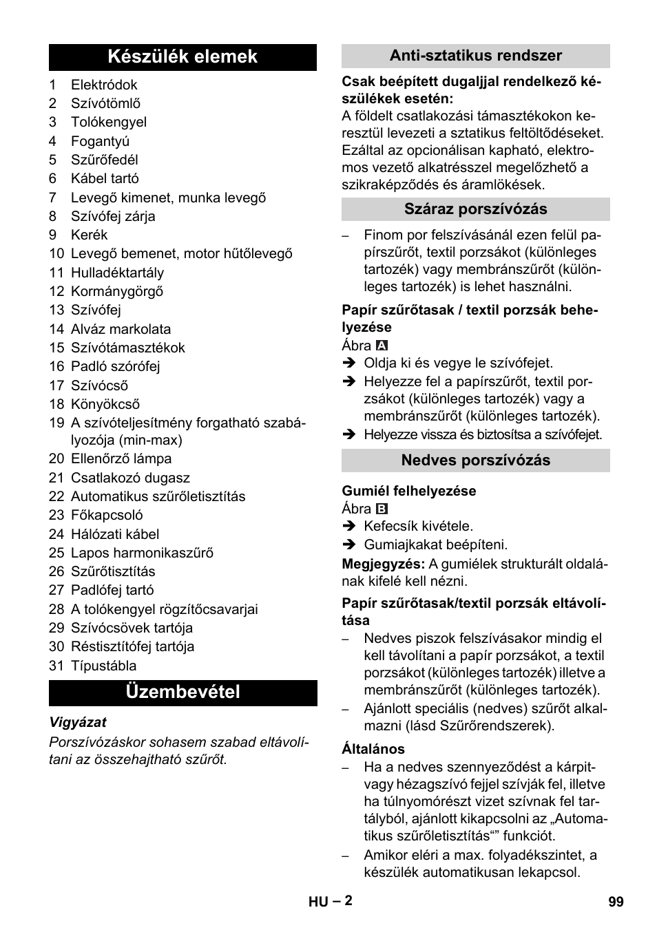 Készülék elemek üzembevétel | Karcher NT 40-1 Tact Te User Manual | Page 99 / 188