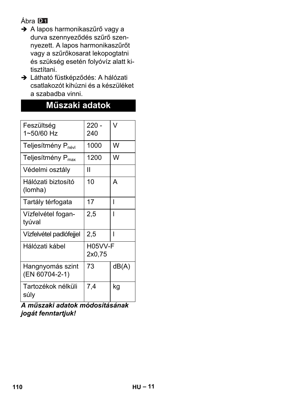 Műszaki adatok | Karcher Aspiracenere AD 3-200 User Manual | Page 110 / 214