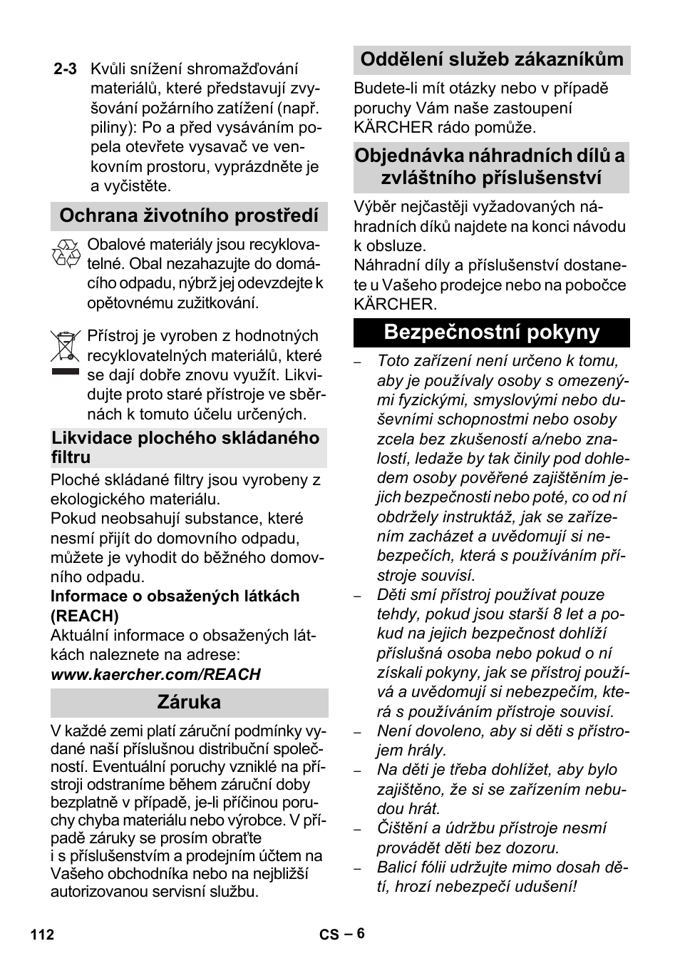 Ochrana životního prostředí, Likvidace plochého skládaného filtru, Záruka | Oddělení služeb zákazníkům, Bezpečnostní pokyny | Karcher Aspiracenere AD 3-200 User Manual | Page 112 / 214