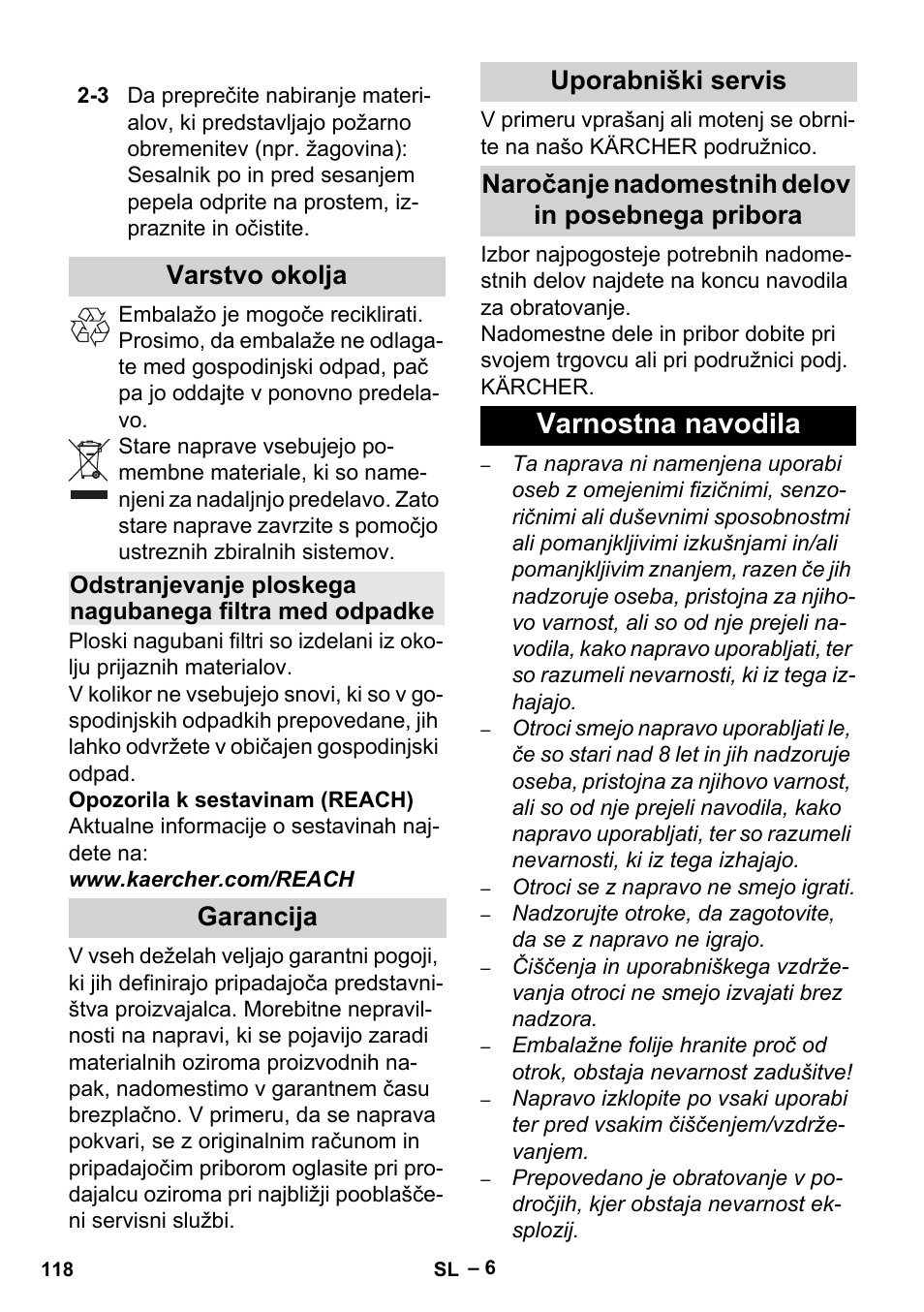 Varstvo okolja, Garancija, Uporabniški servis | Naročanje nadomestnih delov in posebnega pribora, Varnostna navodila | Karcher Aspiracenere AD 3-200 User Manual | Page 118 / 214