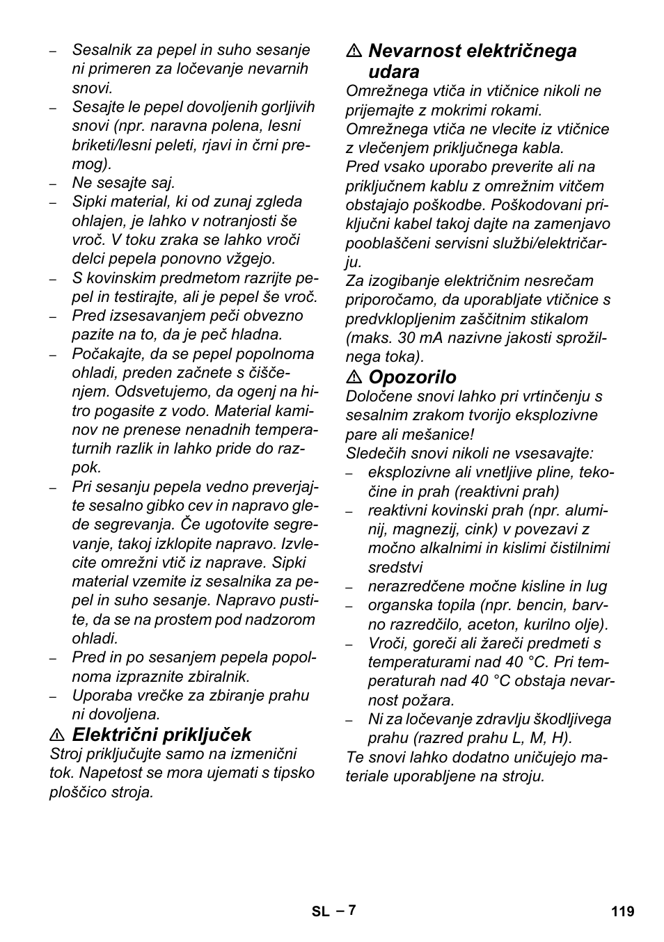 Električni priključek, Nevarnost električnega udara, Opozorilo | Karcher Aspiracenere AD 3-200 User Manual | Page 119 / 214