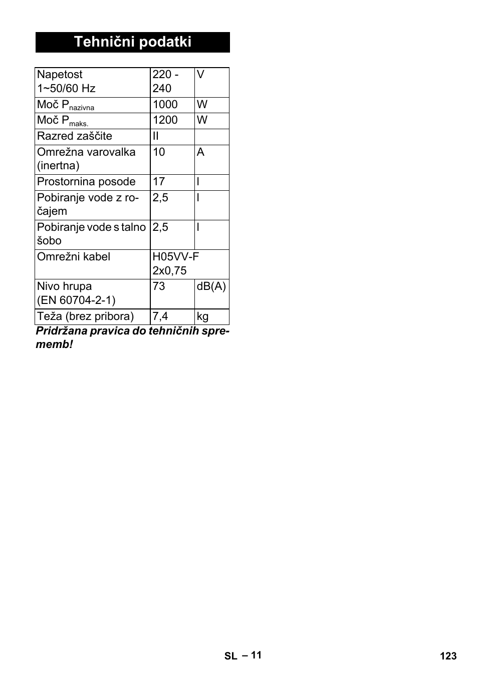 Tehnični podatki | Karcher Aspiracenere AD 3-200 User Manual | Page 123 / 214