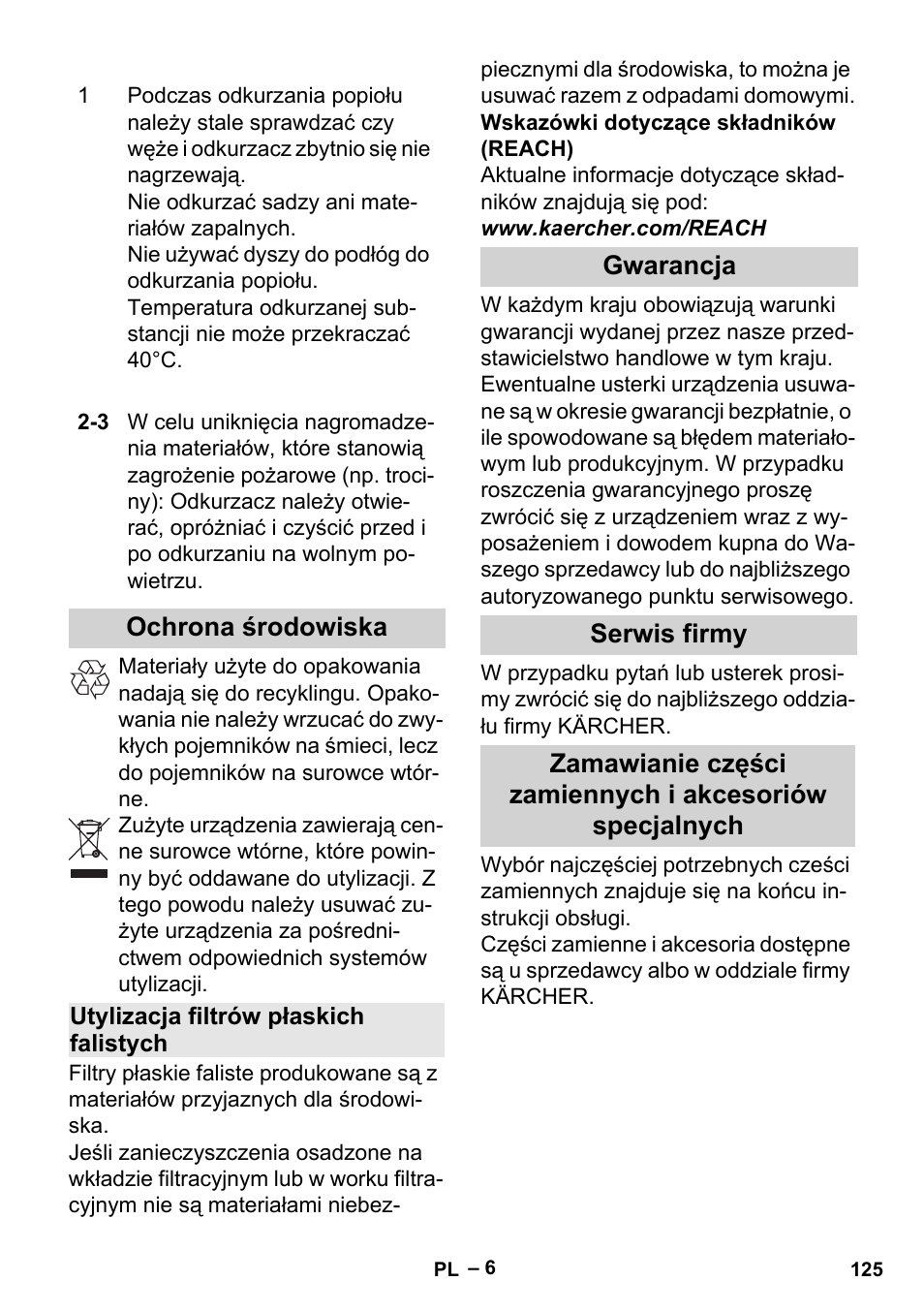 Ochrona środowiska, Utylizacja filtrów płaskich falistych, Gwarancja | Serwis firmy | Karcher Aspiracenere AD 3-200 User Manual | Page 125 / 214