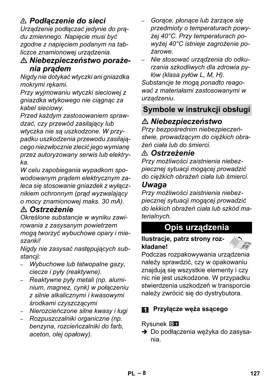 Symbole w instrukcji obsługi, Opis urządzenia, Podłączenie do sieci | Niebezpieczeństwo poraże- nia prądem, Ostrzeżenie, Niebezpieczeństwo, Uwaga | Karcher Aspiracenere AD 3-200 User Manual | Page 127 / 214