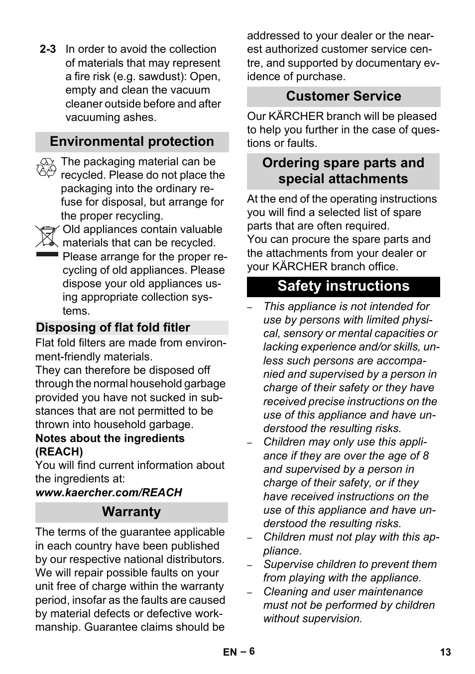 Environmental protection, Disposing of flat fold fitler, Warranty | Customer service, Ordering spare parts and special attachments, Safety instructions | Karcher Aspiracenere AD 3-200 User Manual | Page 13 / 214