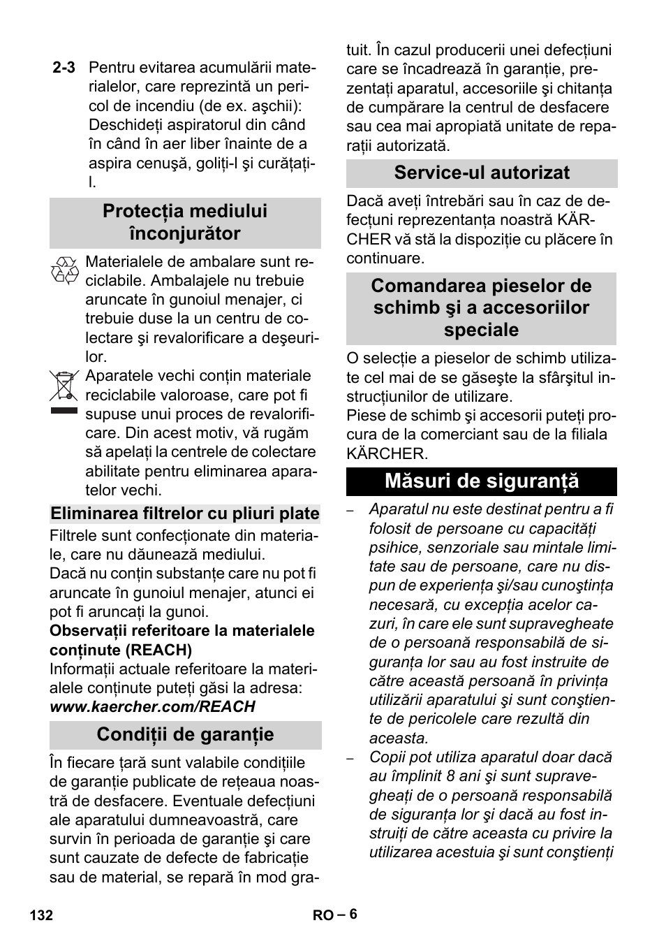 Protecţia mediului înconjurător, Eliminarea filtrelor cu pliuri plate, Condiţii de garanţie | Service-ul autorizat, Măsuri de siguranţă | Karcher Aspiracenere AD 3-200 User Manual | Page 132 / 214