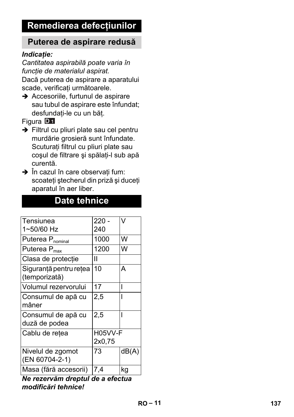 Remedierea defecţiunilor, Puterea de aspirare redusă, Date tehnice | Karcher Aspiracenere AD 3-200 User Manual | Page 137 / 214