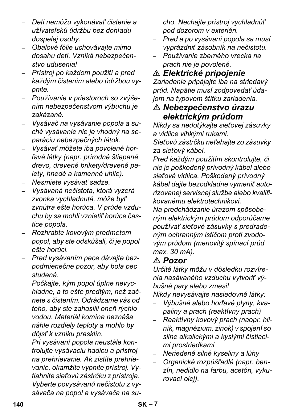 Elektrické pripojenie, Nebezpečenstvo úrazu elektrickým prúdom, Pozor | Karcher Aspiracenere AD 3-200 User Manual | Page 140 / 214