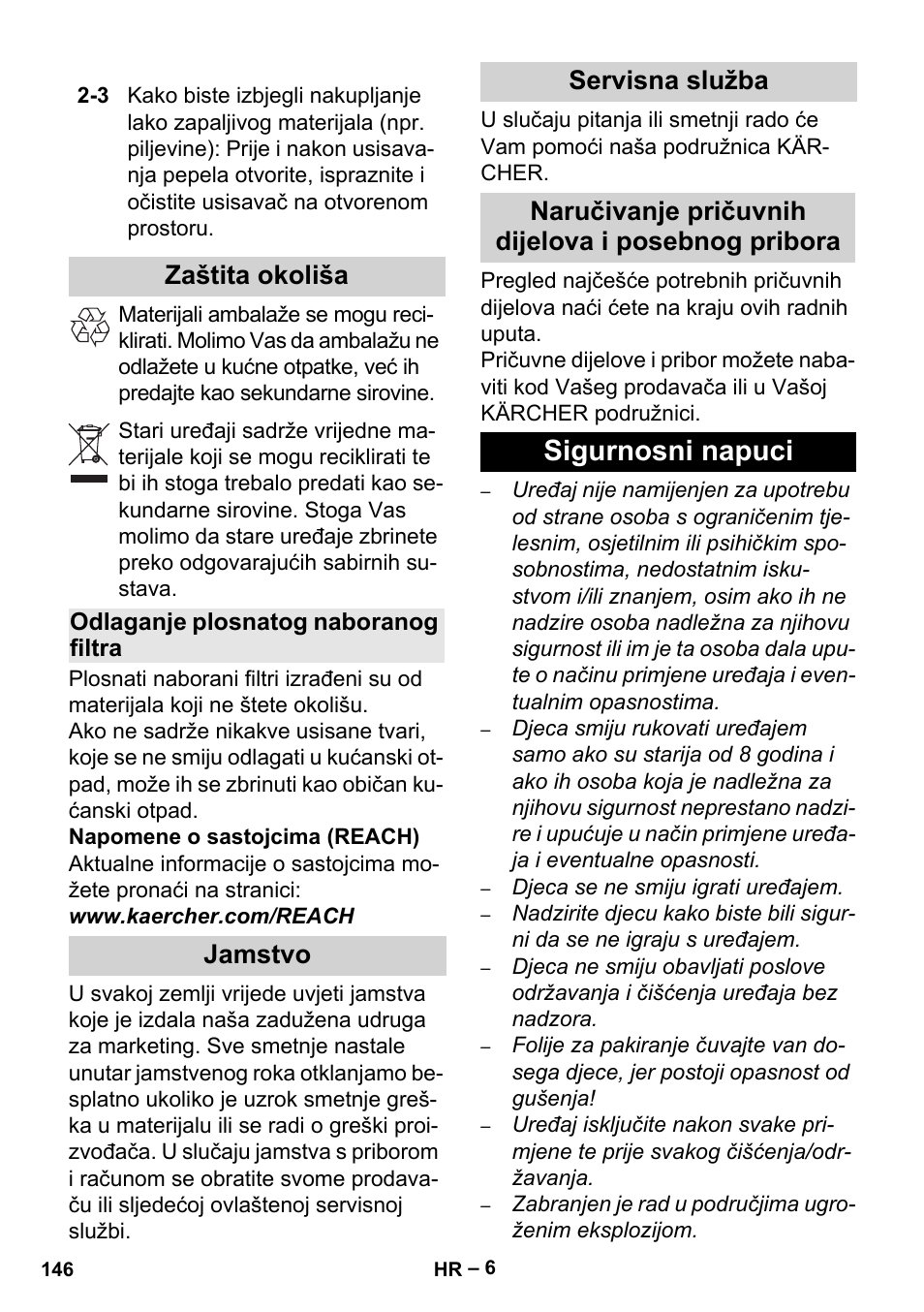 Zaštita okoliša, Odlaganje plosnatog naboranog filtra, Jamstvo | Servisna služba, Naručivanje pričuvnih dijelova i posebnog pribora, Sigurnosni napuci | Karcher Aspiracenere AD 3-200 User Manual | Page 146 / 214